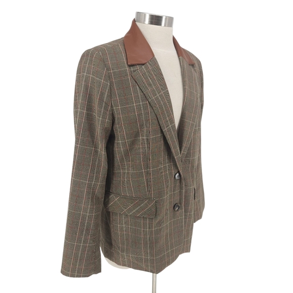 Steve Madden Oversized Blazer Brown Plaid Faux Leather 2 Button Jacket Medium - Picture 3 of 9